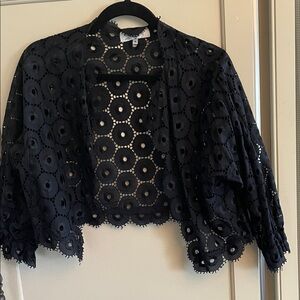 Tibi Black Lasercut Lace Cropped Open-Front Jacktet / Bolero, Size M